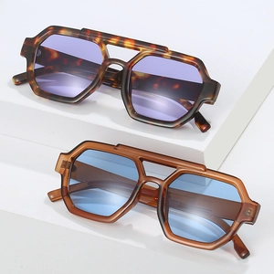 Retro oversized square pilot sunglasses with double bridge and thick leopard print frame