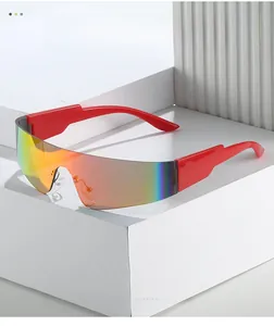 Futuristic wrap-around sunglasses with colorful mirror lenses on white geometric stands