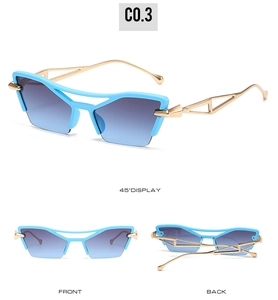 Three views of blue cat eye sunglasses with golden hollow metal double-bridge frames