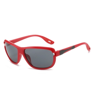 Sporty red frame sunglasses with dark grey lenses and black arrow detail on the temple