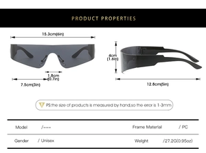 Detailed dimensions of futuristic shield sunglasses with dark gray lenses and PC frame