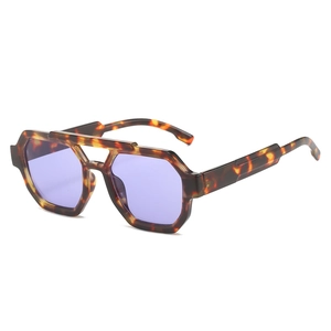 Retro tortoise frame double bridge sunglasses with purple lenses and square pilot design