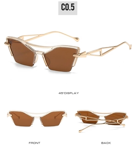 Multi-angle views of cat eye sunglasses featuring gold metal hollow temples and brown lenses