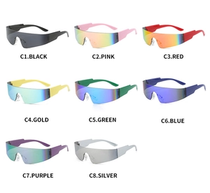 Detailed grid showing Y2K futuristic oversized sunglasses in 8 vibrant mirrored finishes