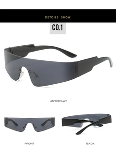 Detail showing Y2K style black wrap-around sunglasses with thick streamlined lenses