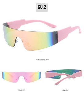 Detailed views of pink Y2K sunglasses with colorful mirrored lenses from three angles