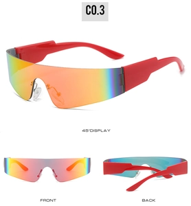 Three-way view of oversized red sunglasses with colorful mirrored gradient lenses