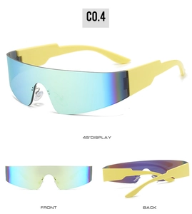 Detailed views of sporty sunglasses featuring thick yellow temples and vibrant blue-green lenses