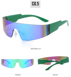 Detailed multi-angle views of futuristic oversized wrap sunglasses with iridescent lenses