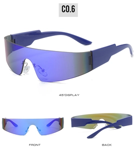 Three views of blue shield sunglasses with thickened colorful lenses and sporty design