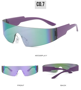 Three-angle view of futuristic purple sports sunglasses with green iridescent lenses