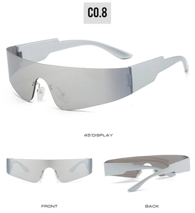 Detailed multi-angle views of futuristic rimless sunglasses with silver mirrored lenses