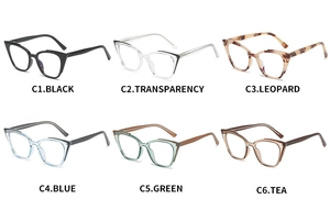 Matrix grid showing cat-eye glasses frames in black, leopard, and various colors