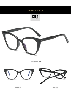Three-way view of cat eye anti-blue light glasses showing front, back, and 45-degree angle