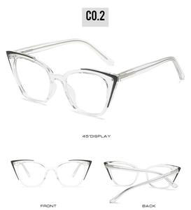 Three-view display of cat-eye glasses frame with black accents and clear finish