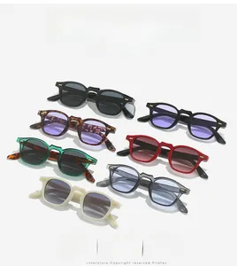 Flat lay of small polygonal punk hip-hop sunglasses in seven assorted fashion colors