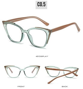 Cat eye blue light glasses frame in translucent green and brown from multiple angles