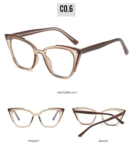 Detailed views showing front, back, and 45-degree angle of cat-eye blue light glasses