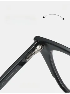 Macro detail of cat-eye eyewear showing premium metal hinges and CE certified temples