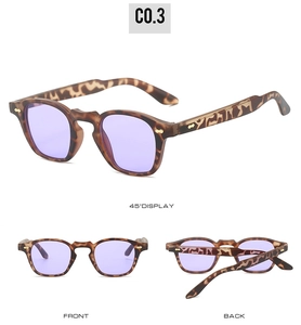 Macro view of retro leopard print square sunglasses with translucent purple lenses