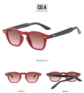 Three-view display of punk sunglasses with red frames, gradient lenses and metal rivets