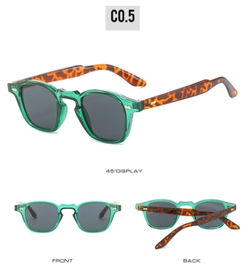 Three-view display of punk sunglasses with green frames and leopard print temples