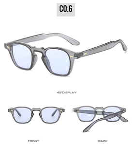 Detailed views of punk hip hop sunglasses with gray metal frames and blue lenses