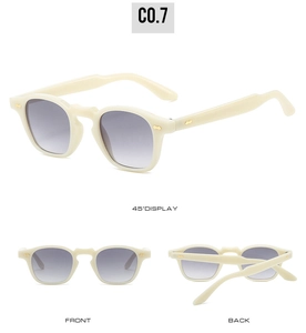Three-way view of retro small frame sunglasses in cream beige with gray gradient lenses