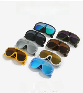 Multiple colors of oversized futuristic cyberpunk sunglasses displayed in a diagonal grid
