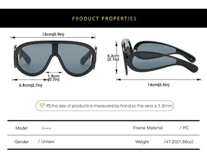 Detailed size chart for futuristic punk sunglasses with frame dimensions and material info