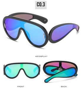 Three-view display of futuristic shield sunglasses with colorful mirror lens and black frame