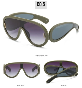 Futuristic shield sunglasses in olive green with purple gradient lenses shown from three angles