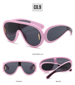 Three-angle view of pink shield sunglasses with dark grey lenses and golden accents