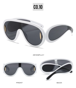 Three-angle views of futuristic white oversized shield sunglasses with gold accents