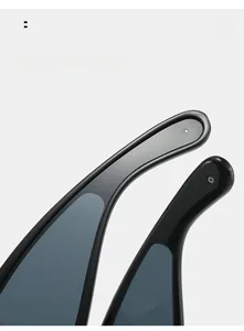 Detail of curved temples on black futuristic sunglasses for comfortable wearing