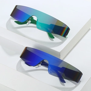 Oversized wrap-around sunglasses with colorful mirror-coated lenses and gradient design