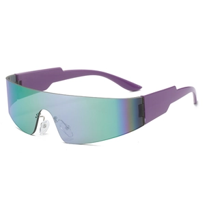 Oversized wrap-around sports sunglasses with iridescent purple gradient lenses and frame
