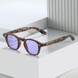 Hip hop punk sunglasses with purple lenses and tortoise shell frames on white steps