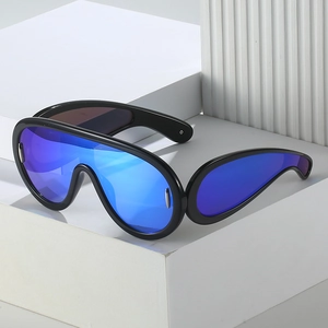 Futuristic wraparound sunglasses with bold black frames and blue mirrored lenses