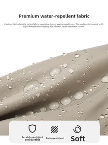 Close-up of waterproof high-density nylon fabric with water droplets on a seashell bag