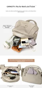 Detailed view of beige oxford crossbody bag showing multi-pocket storage and large capacity