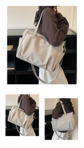 Detailed views of a large beige Oxford tote bag with multiple pockets and shoulder straps