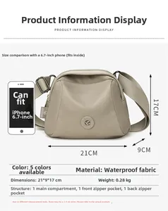Detailed dimensions of khaki waterproof shell bag showing 21x9x17cm size and structure