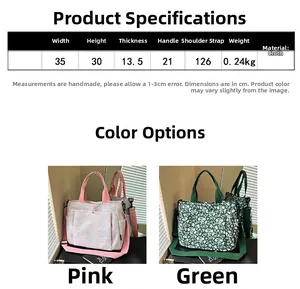 Detailed size chart for floral canvas tote bag showing height width and handle measurements