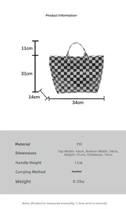 Detailed spec sheet for checkerboard tote bag showing PVC material and dimensions