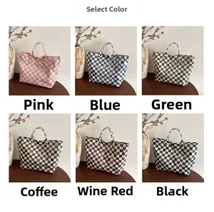 Collage of checkered canvas tote bags in six different colors for versatile daily wear