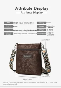 Detailed view of vintage paisley embossed crossbody bag with jacquard strap and dimensions