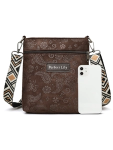 Brown paisley embossed crossbody bag with wide jacquard strap and brand logo detail
