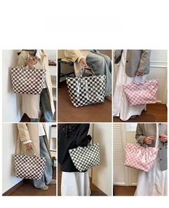 Detailed views of checkered tote bags in multiple colors worn by a model for daily styling