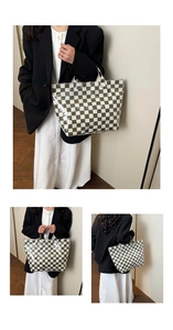 Detailed views of checkered tote bag in green and white with TOTE BAG print